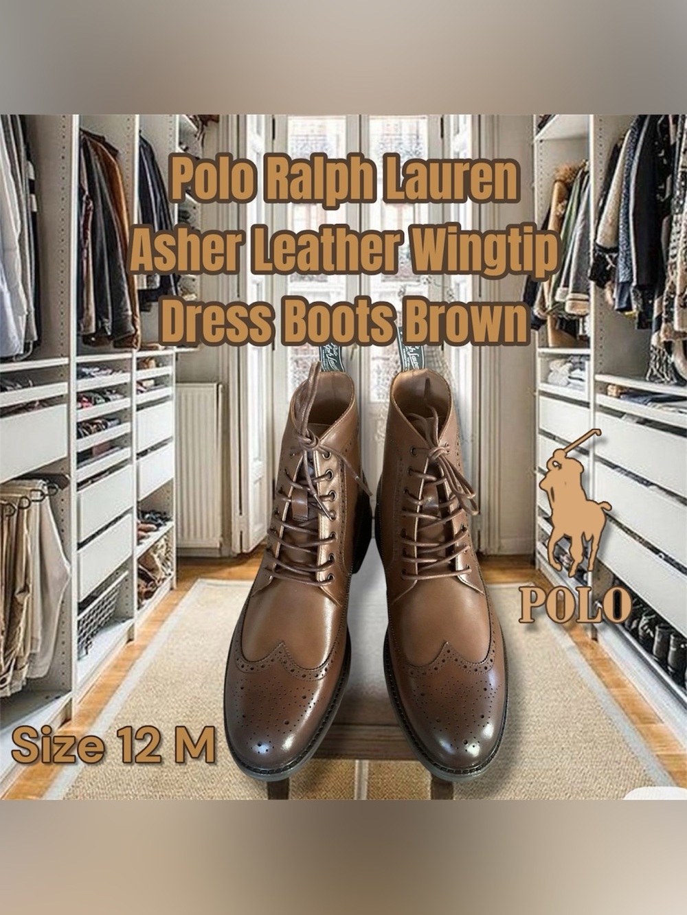 Polo by Ralph Lauren Brown Asher Leather Wingtip Dress Boots, Size 12D
